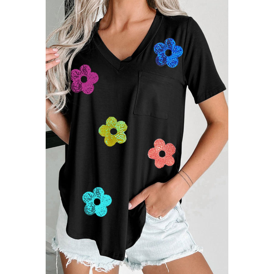 Sequin Flower V-Neck Short Sleeve T-Shirt Apparel and Accessories