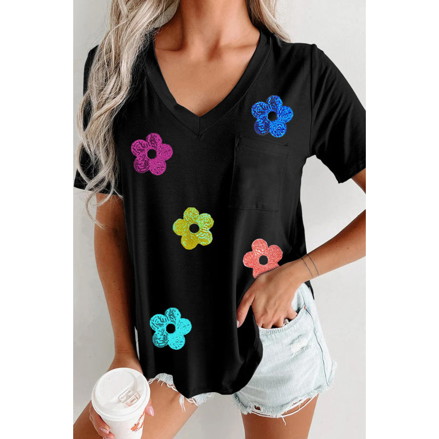 Sequin Flower V-Neck Short Sleeve T-Shirt Black / S Apparel and Accessories