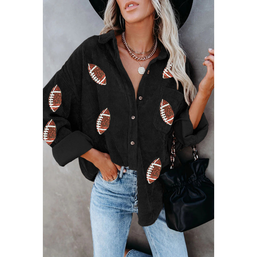 Sequin Football Button Up Long Sleeve Jacket Apparel and Accessories