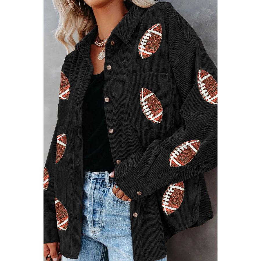 Sequin Football Button Up Long Sleeve Jacket Black / S Apparel and Accessories