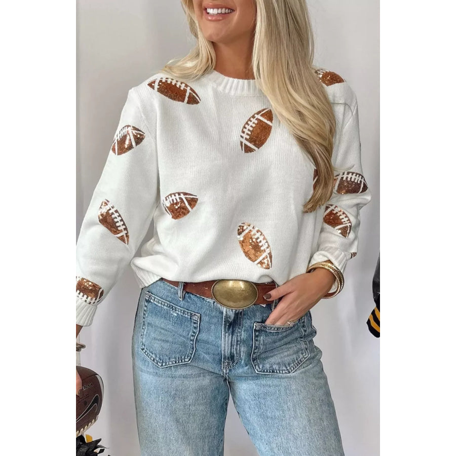 Sequin Football Print Round Neck Long Sleeve Loose Fit Sweater Apparel and Accessories