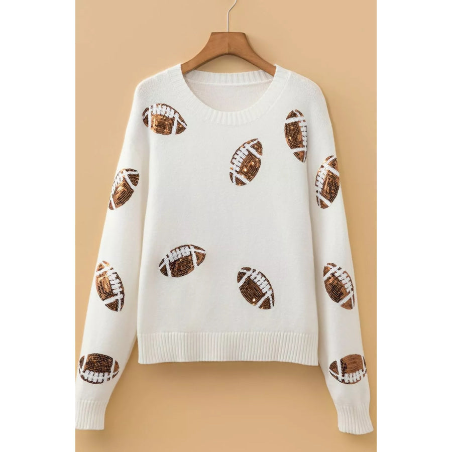 Sequin Football Print Round Neck Long Sleeve Loose Fit Sweater Apparel and Accessories