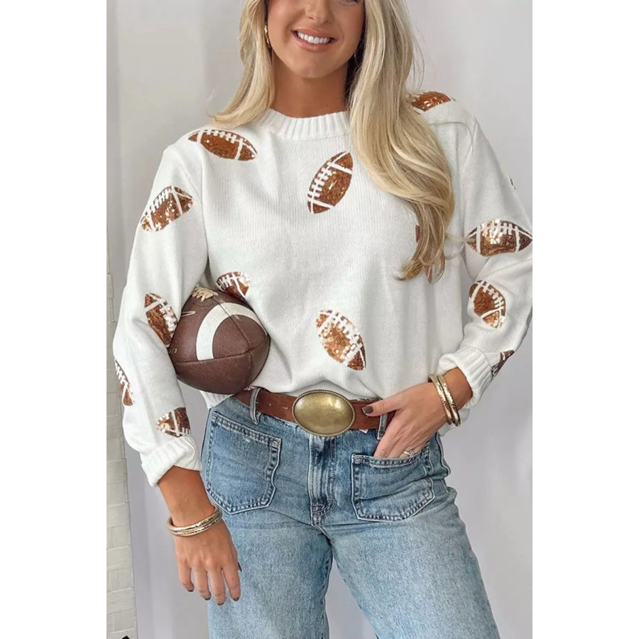 Sequin Football Print Round Neck Long Sleeve Loose Fit Sweater Apparel and Accessories