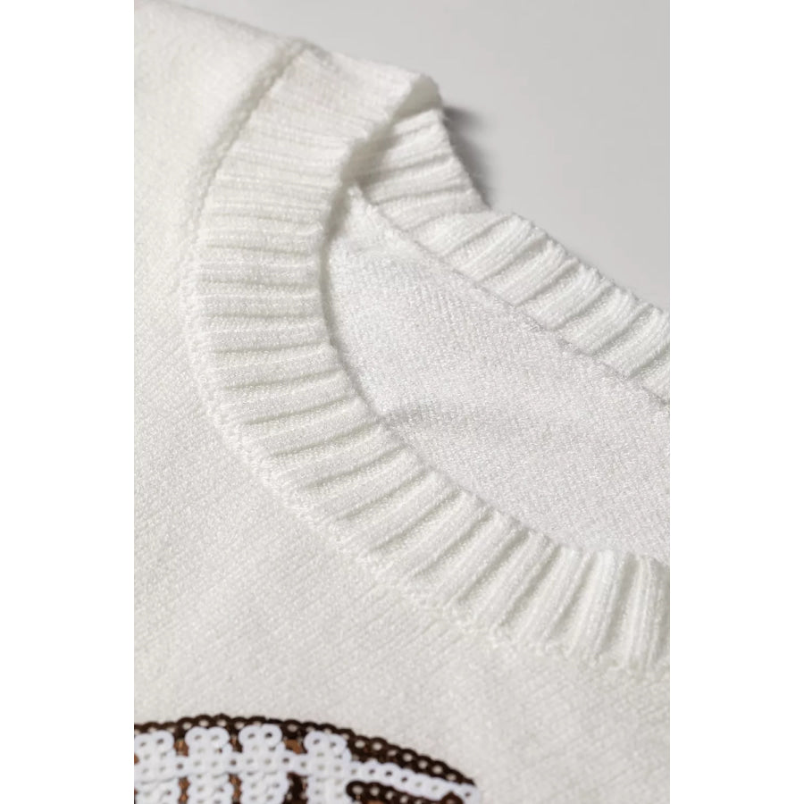 Sequin Football Print Round Neck Long Sleeve Loose Fit Sweater Apparel and Accessories
