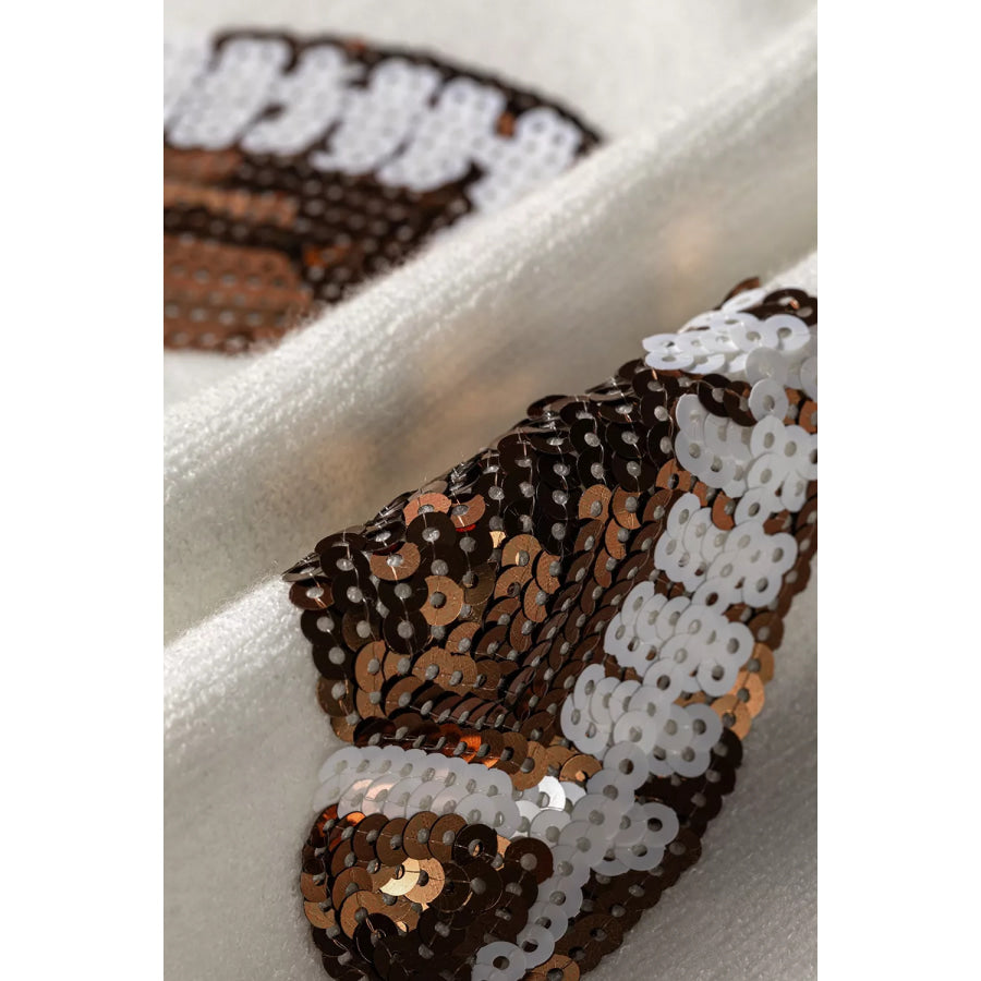 Sequin Football Print Round Neck Long Sleeve Loose Fit Sweater Apparel and Accessories