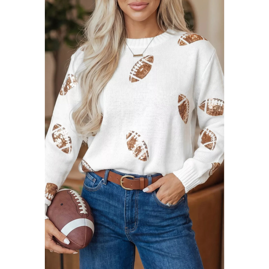 Sequin Football Print Round Neck Long Sleeve Loose Fit Sweater Apparel and Accessories