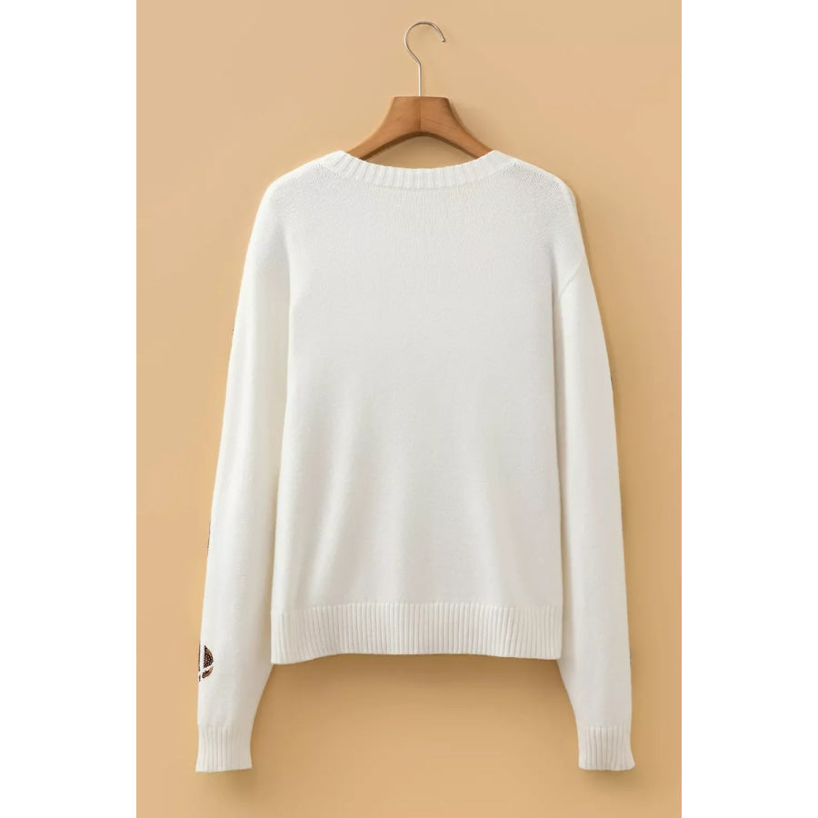 Sequin Football Print Round Neck Long Sleeve Loose Fit Sweater Apparel and Accessories