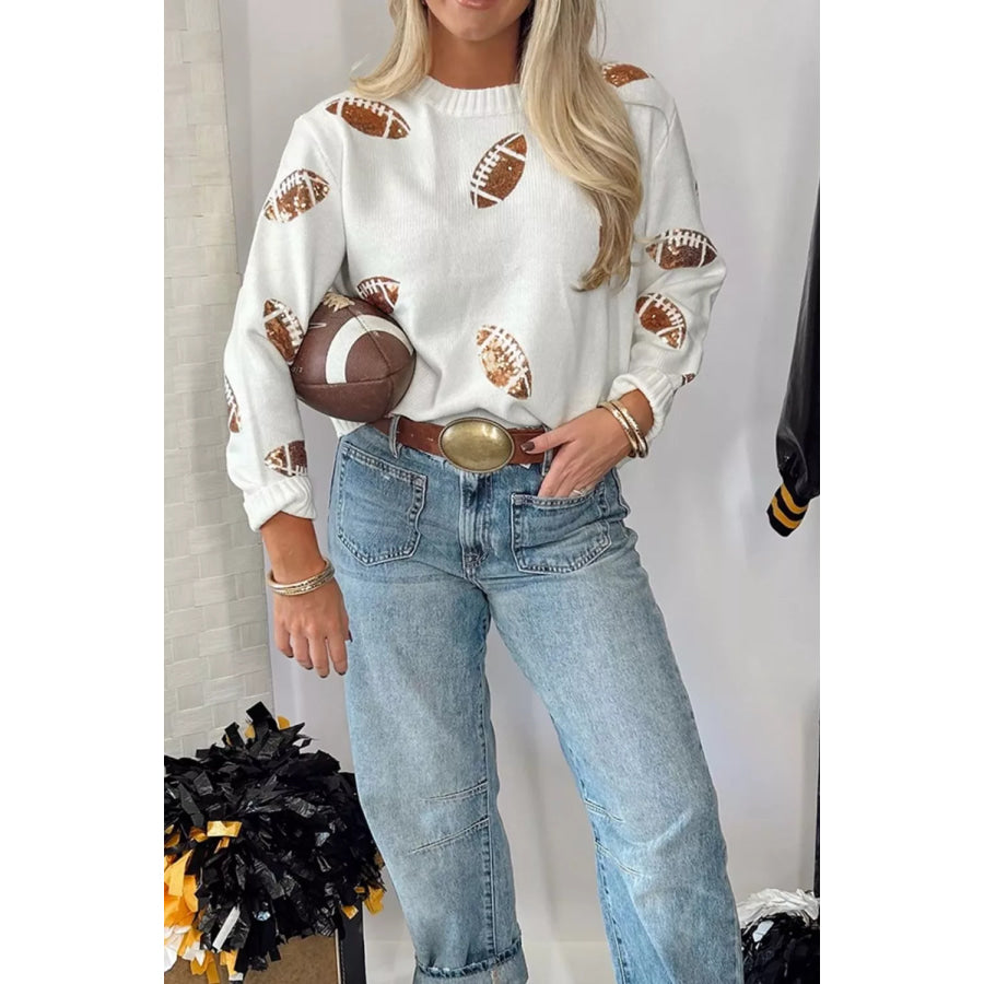 Sequin Football Print Round Neck Long Sleeve Loose Fit Sweater Apparel and Accessories