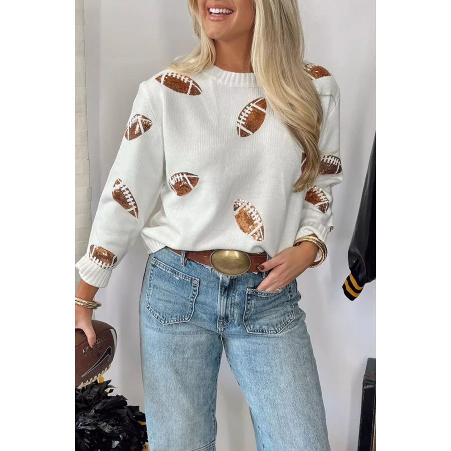 Sequin Football Print Round Neck Long Sleeve Loose Fit Sweater Apparel and Accessories
