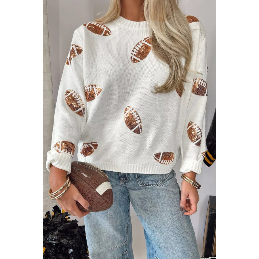 Sequin Football Print Round Neck Long Sleeve Loose Fit Sweater White / S Apparel and Accessories