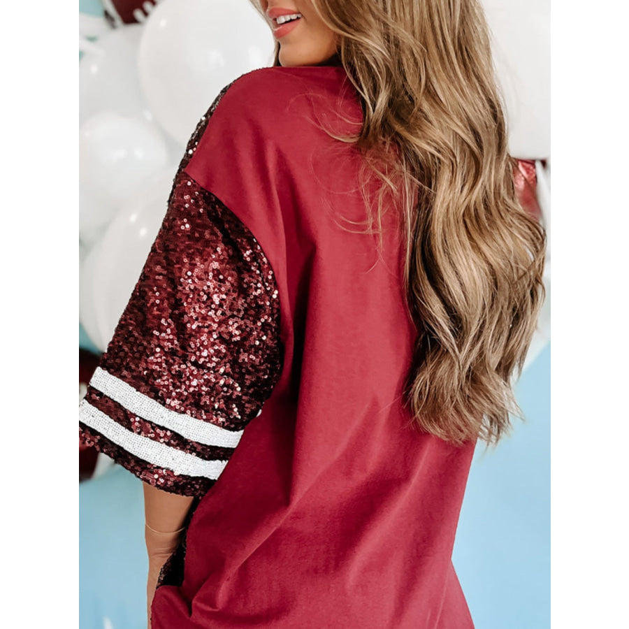 Sequin Football Round Neck Half Sleeve Oversize Top Apparel and Accessories