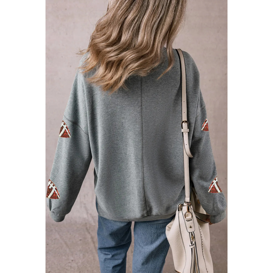 Sequin Football Round Neck Long Sleeve Sweatshirt Apparel and Accessories