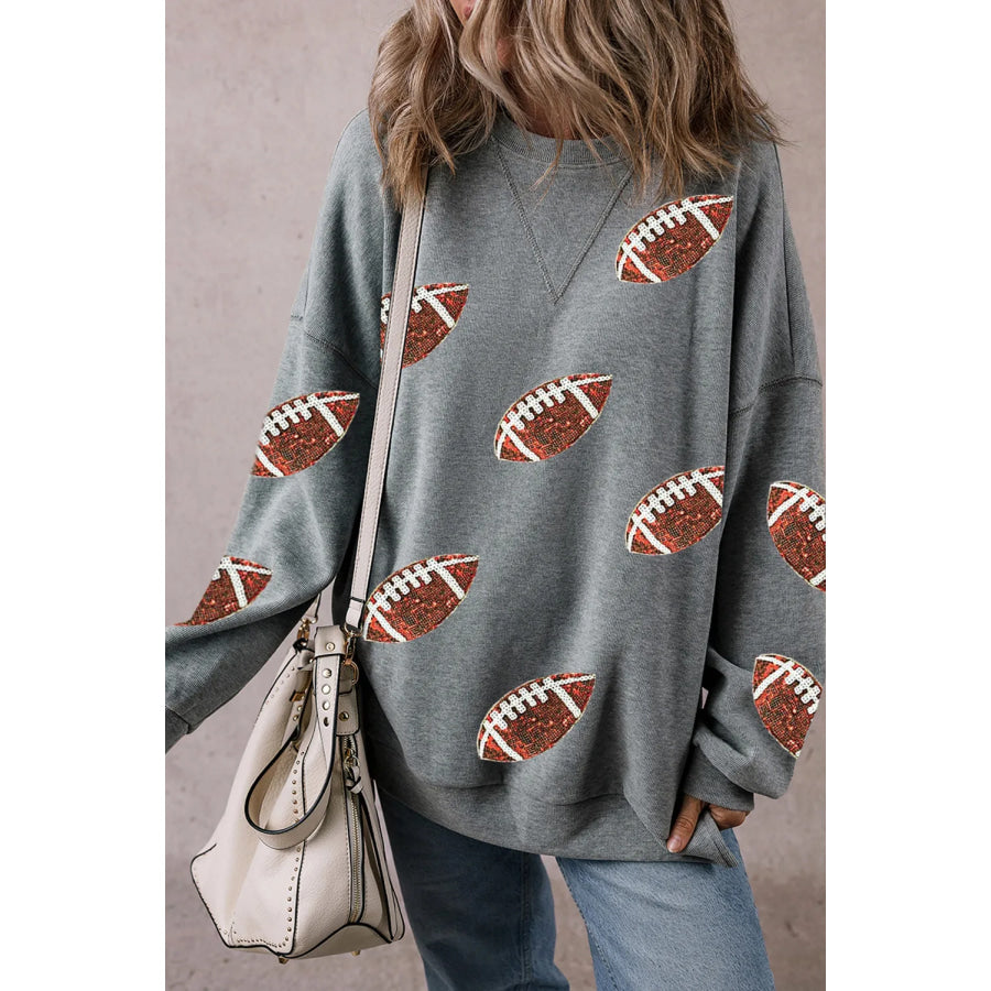 Sequin Football Round Neck Long Sleeve Sweatshirt Dark Gray / S Apparel and Accessories