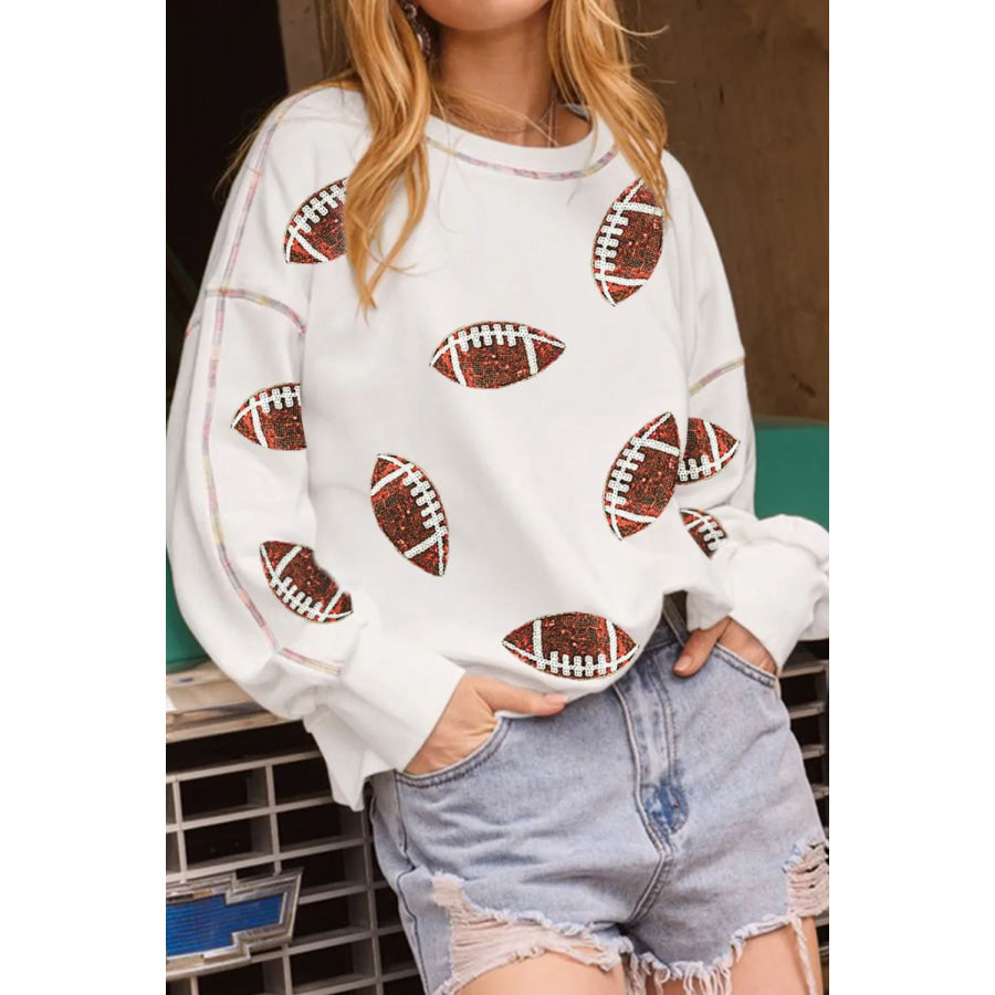 Sequin Football Round Neck Long Sleeve Sweatshirt White / S Apparel and Accessories