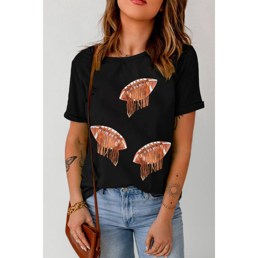 Sequin Football Round Neck Short Sleeve T-Shirt Black / S Apparel and Accessories