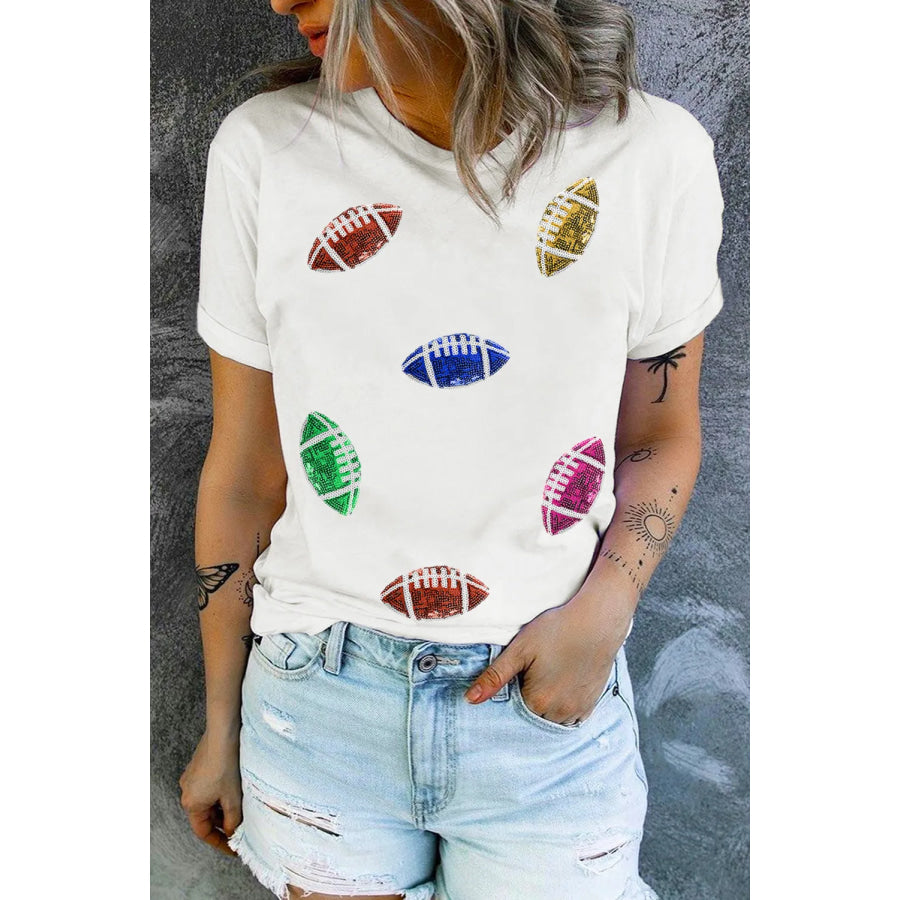Sequin Football Round Neck Short Sleeve T-Shirt White / S Apparel and Accessories