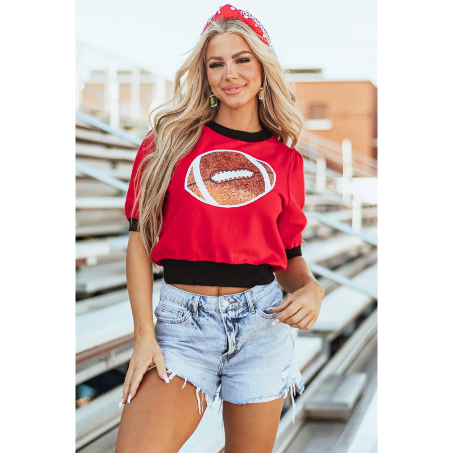 Sequin Football Round Neck Short Sleeve Top Apparel and Accessories