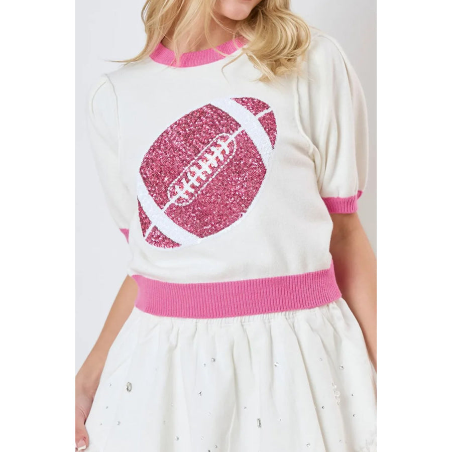 Sequin Football Round Neck Short Sleeve Top White / L Apparel and Accessories