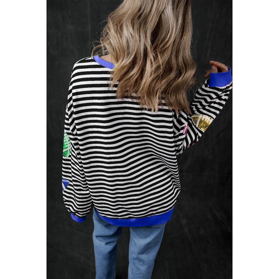 Sequin Football Striped Round Neck Long Sleeve Sweatshirt Apparel and Accessories