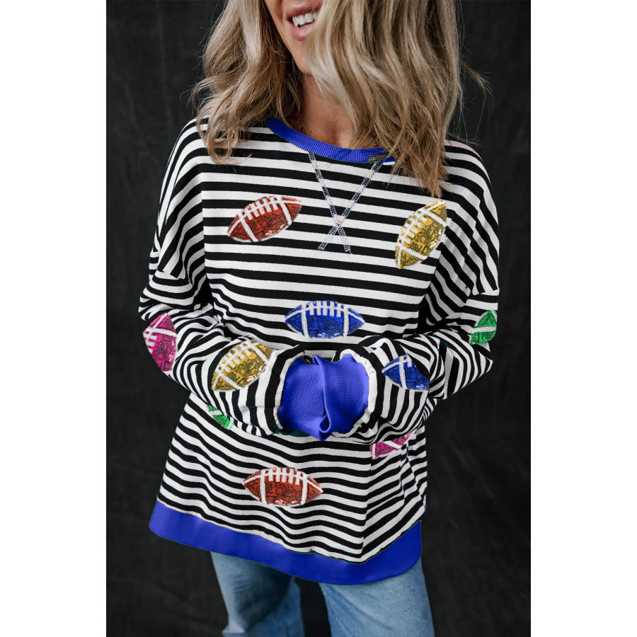 Sequin Football Striped Round Neck Long Sleeve Sweatshirt Apparel and Accessories