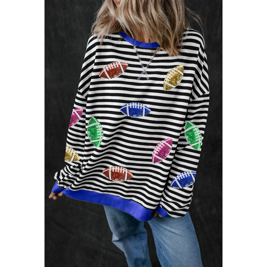 Sequin Football Striped Round Neck Long Sleeve Sweatshirt Stripe / S Apparel and Accessories