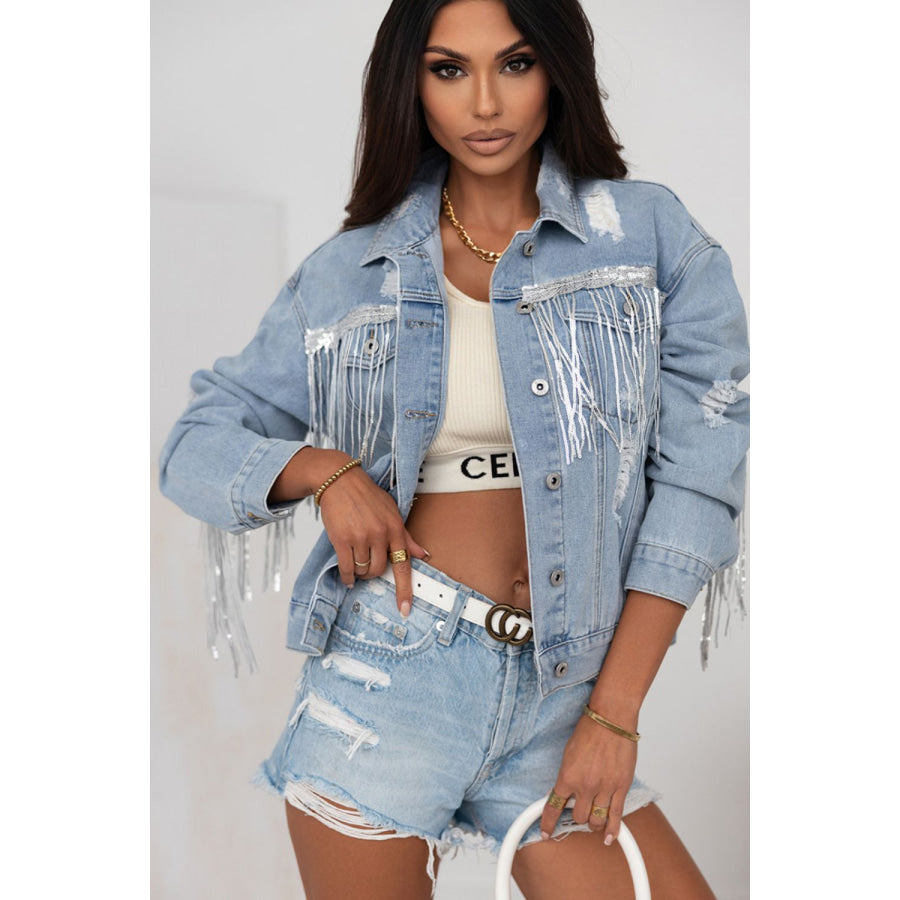 Sequin Fringe Trim Distressed Button Up Denim Jacket Apparel and Accessories