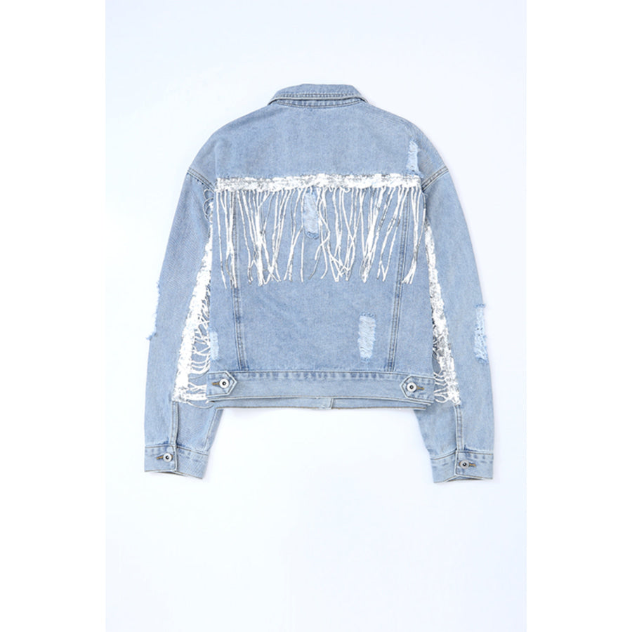 Sequin Fringe Trim Distressed Button Up Denim Jacket Apparel and Accessories