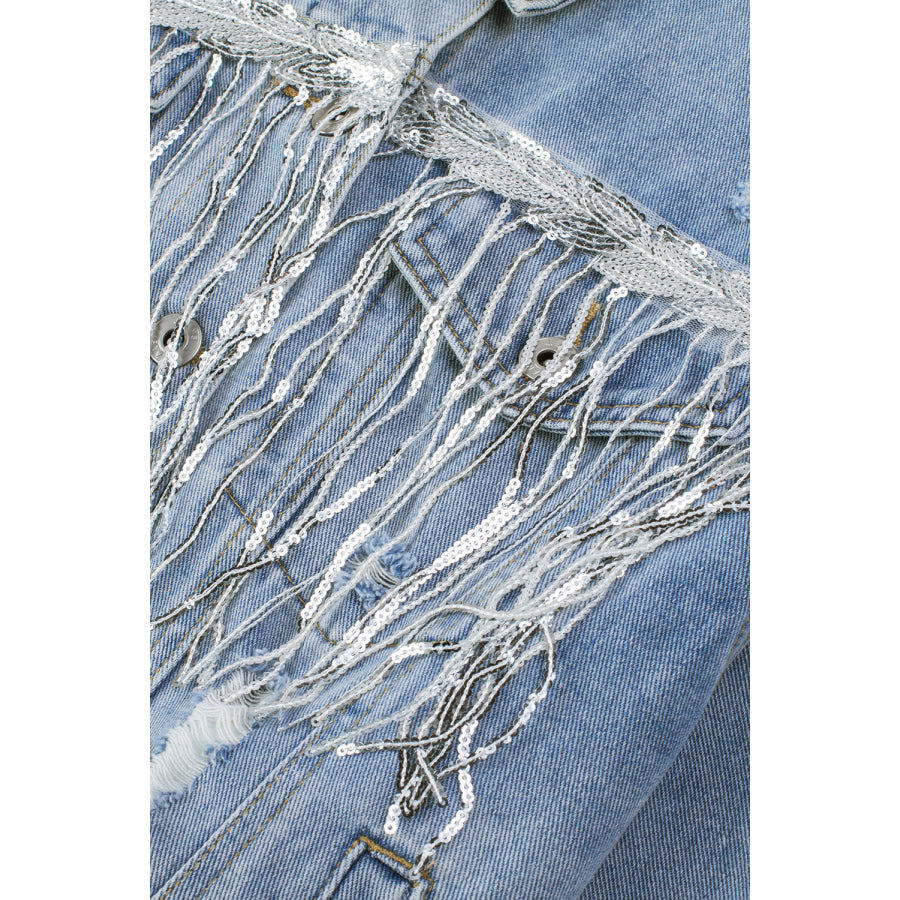 Sequin Fringe Trim Distressed Button Up Denim Jacket Apparel and Accessories