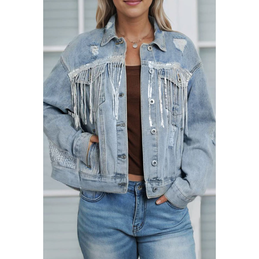 Sequin Fringe Trim Distressed Button Up Denim Jacket Apparel and Accessories