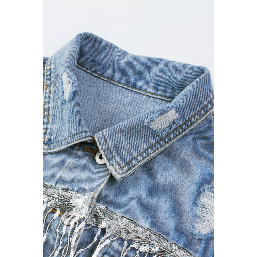 Sequin Fringe Trim Distressed Button Up Denim Jacket Apparel and Accessories