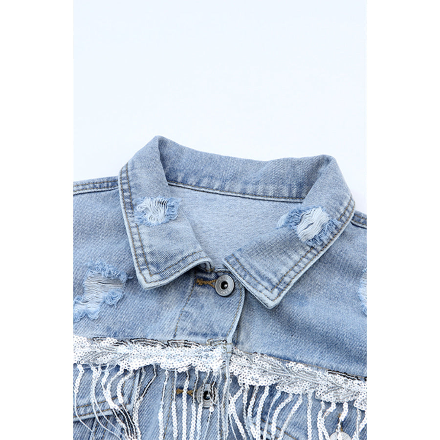 Sequin Fringe Trim Distressed Button Up Denim Jacket Apparel and Accessories