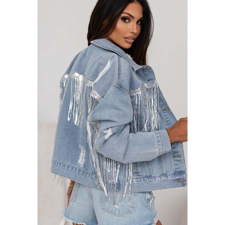 Sequin Fringe Trim Distressed Button Up Denim Jacket Apparel and Accessories