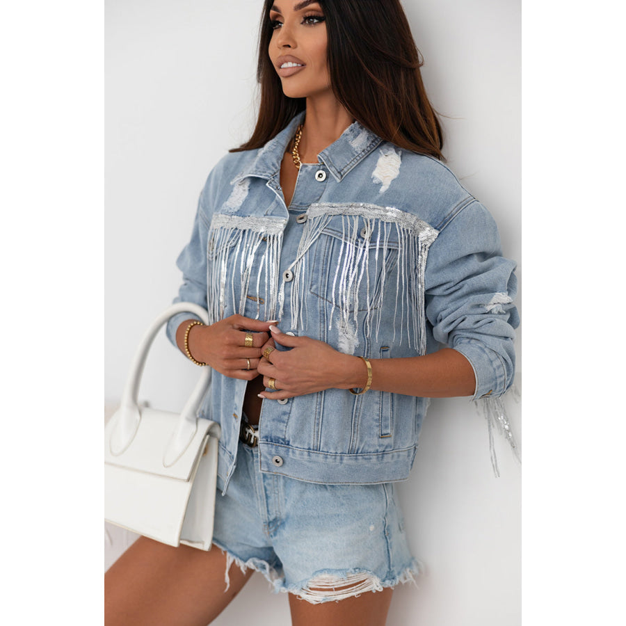 Sequin Fringe Trim Distressed Button Up Denim Jacket Apparel and Accessories