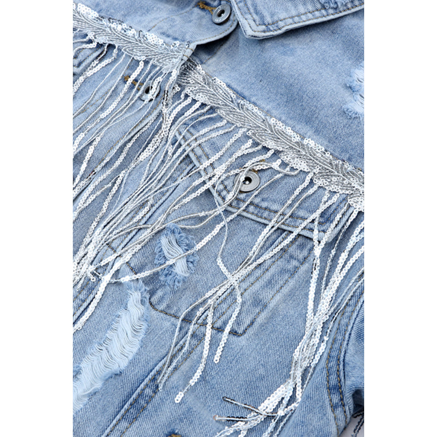 Sequin Fringe Trim Distressed Button Up Denim Jacket Apparel and Accessories