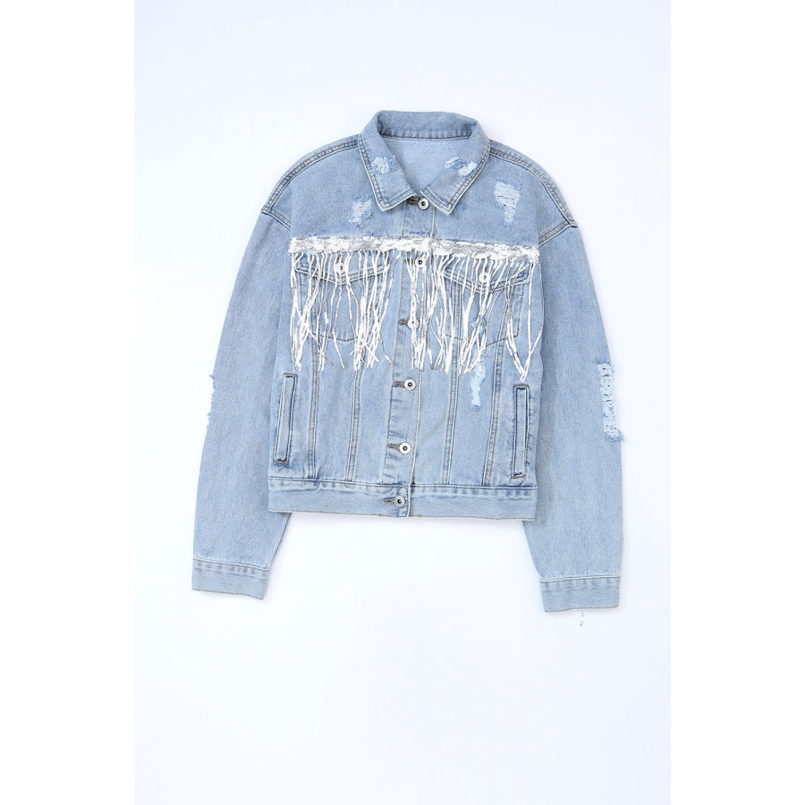 Sequin Fringe Trim Distressed Button Up Denim Jacket Apparel and Accessories