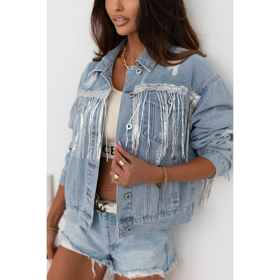 Sequin Fringe Trim Distressed Button Up Denim Jacket Medium / S Apparel and Accessories