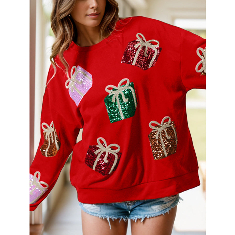 Sequin Gift Box Long Sleeve Sweatshirt Deep Red / S Apparel and Accessories