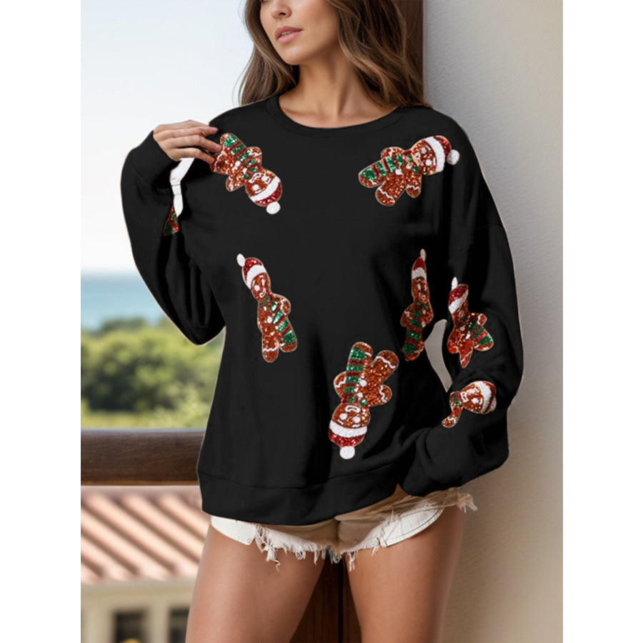 Sequin Gingerbread Man Long Sleeve Sweatshirt Black / S Apparel and Accessories