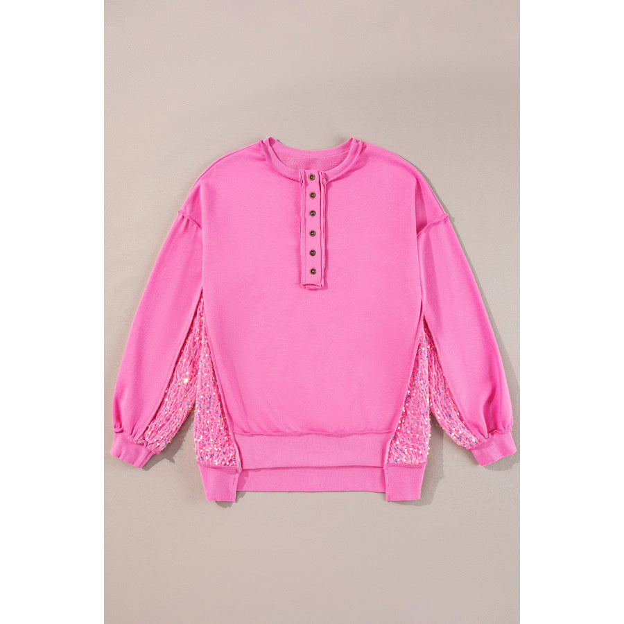 Sequin Half Button Long Sleeve Sweatshirt Fuchsia Pink / S Apparel and Accessories