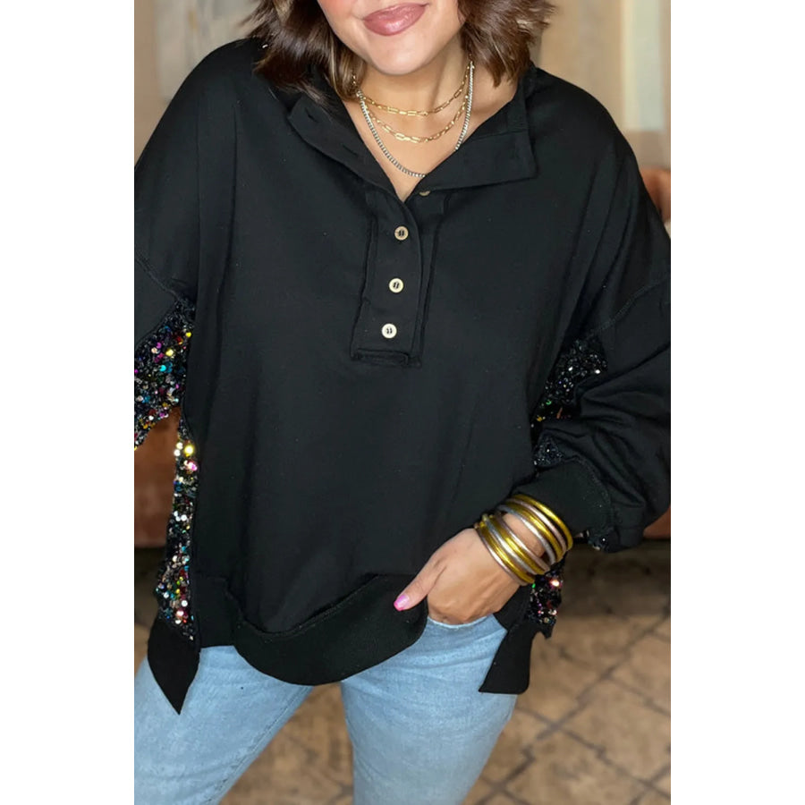 Sequin Half Button Long Sleeve Sweatshirt Black / S Apparel and Accessories