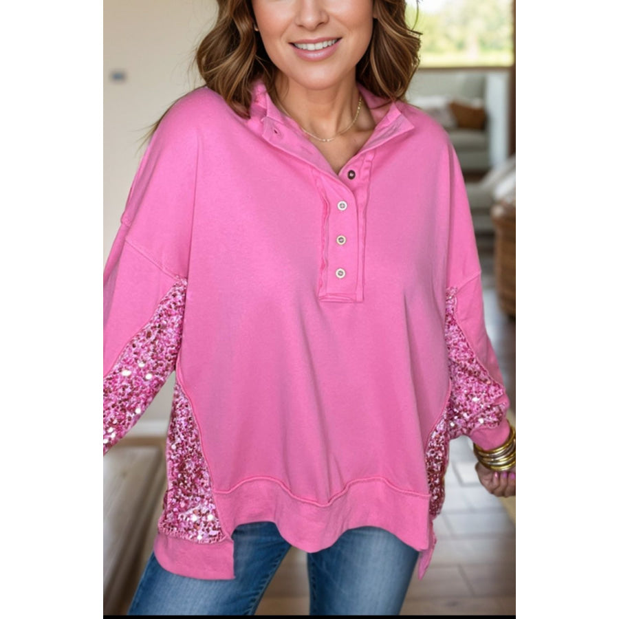 Sequin Half Button Long Sleeve Sweatshirt Fuchsia Pink / S Apparel and Accessories