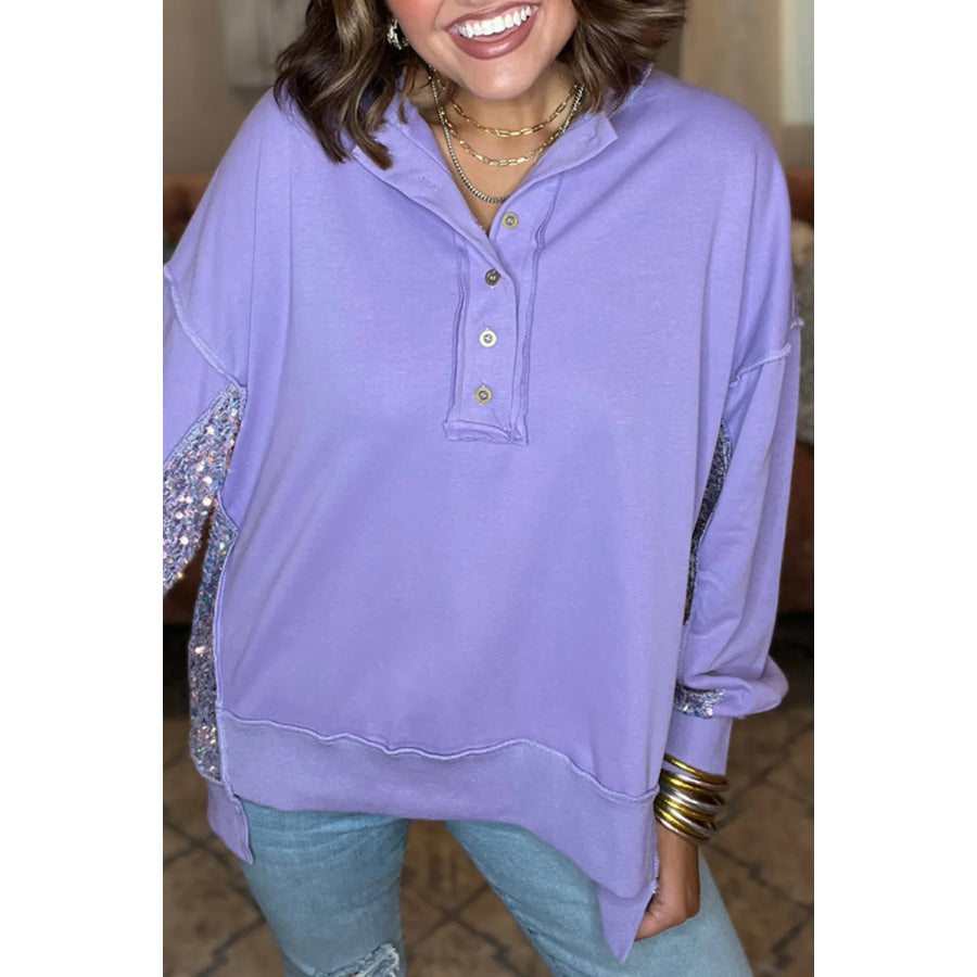 Sequin Half Button Long Sleeve Sweatshirt Lavender / S Apparel and Accessories