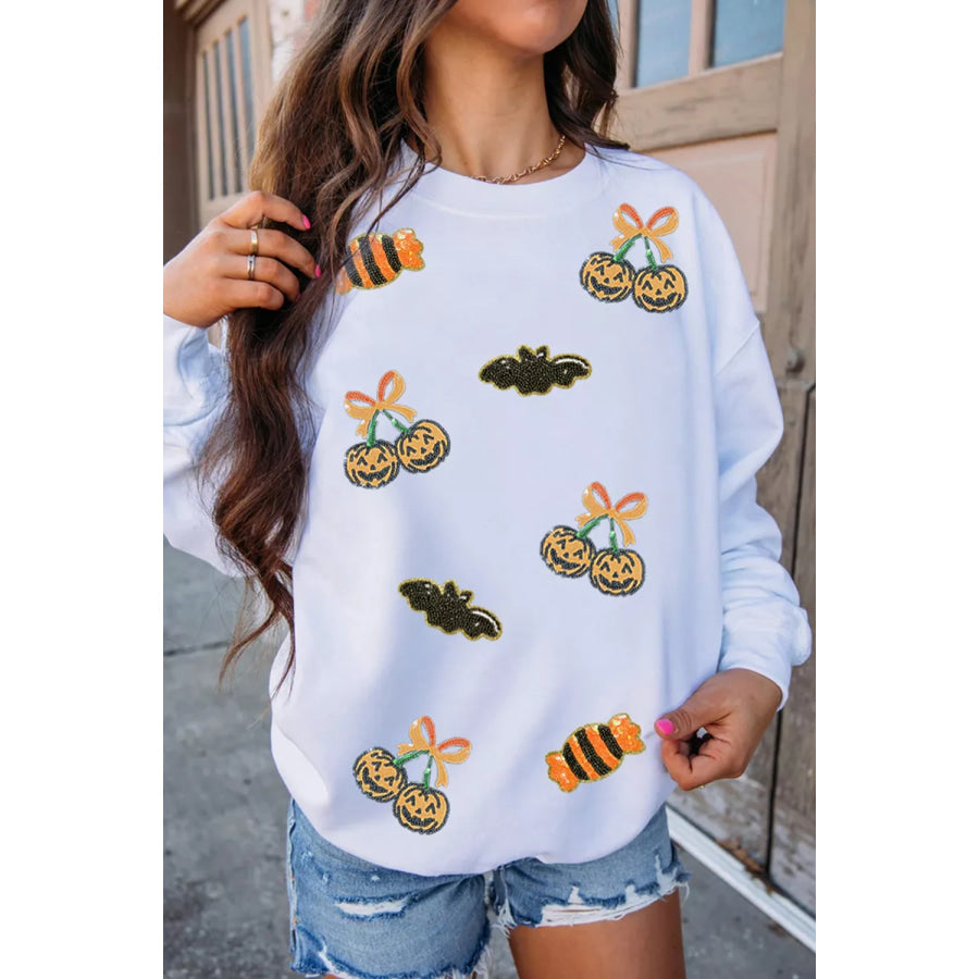 Sequin Halloween Pattern Pullover Sweatshirt White / S Apparel and Accessories