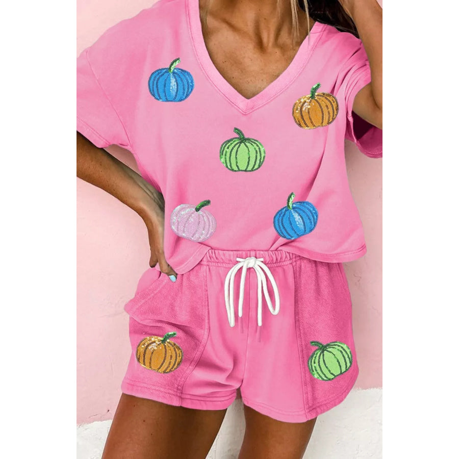 Sequin Halloween Pumpkin Pattern V Neck Tee and Drawstring Bottoms Casual Set Apparel and Accessories