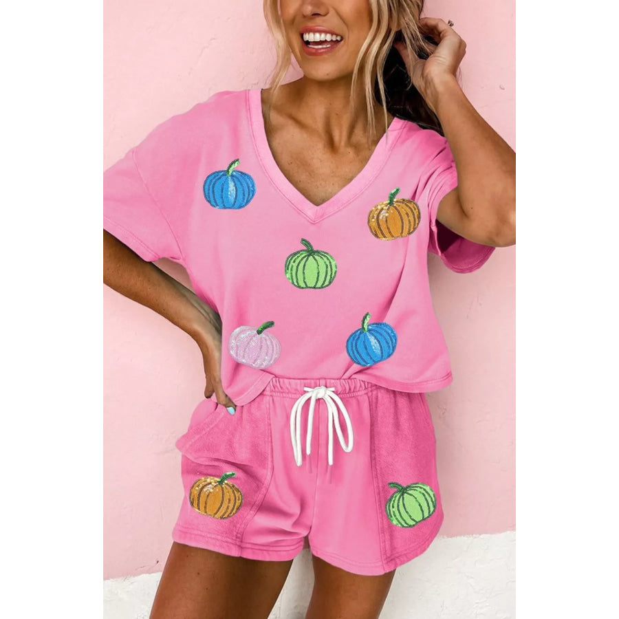 Sequin Halloween Pumpkin Pattern V Neck Tee and Drawstring Bottoms Casual Set Apparel and Accessories