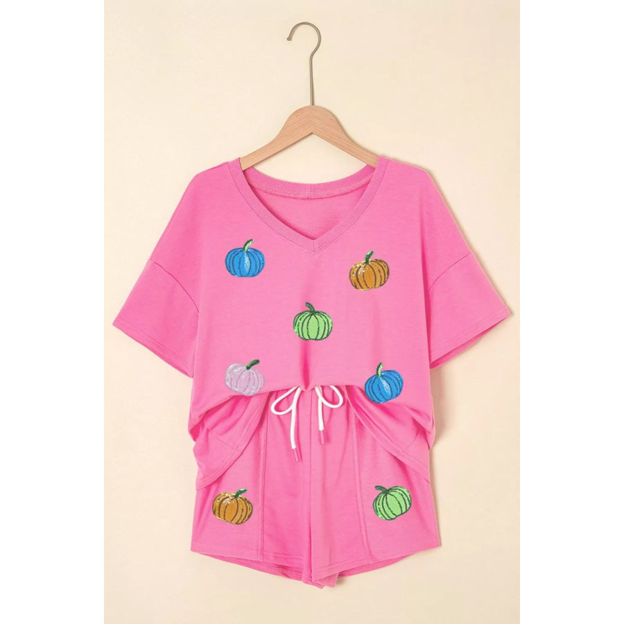 Sequin Halloween Pumpkin Pattern V Neck Tee and Drawstring Bottoms Casual Set Apparel and Accessories