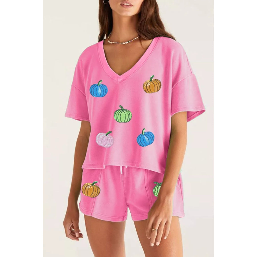 Sequin Halloween Pumpkin Pattern V Neck Tee and Drawstring Bottoms Casual Set Fuchsia Pink / S Apparel and Accessories