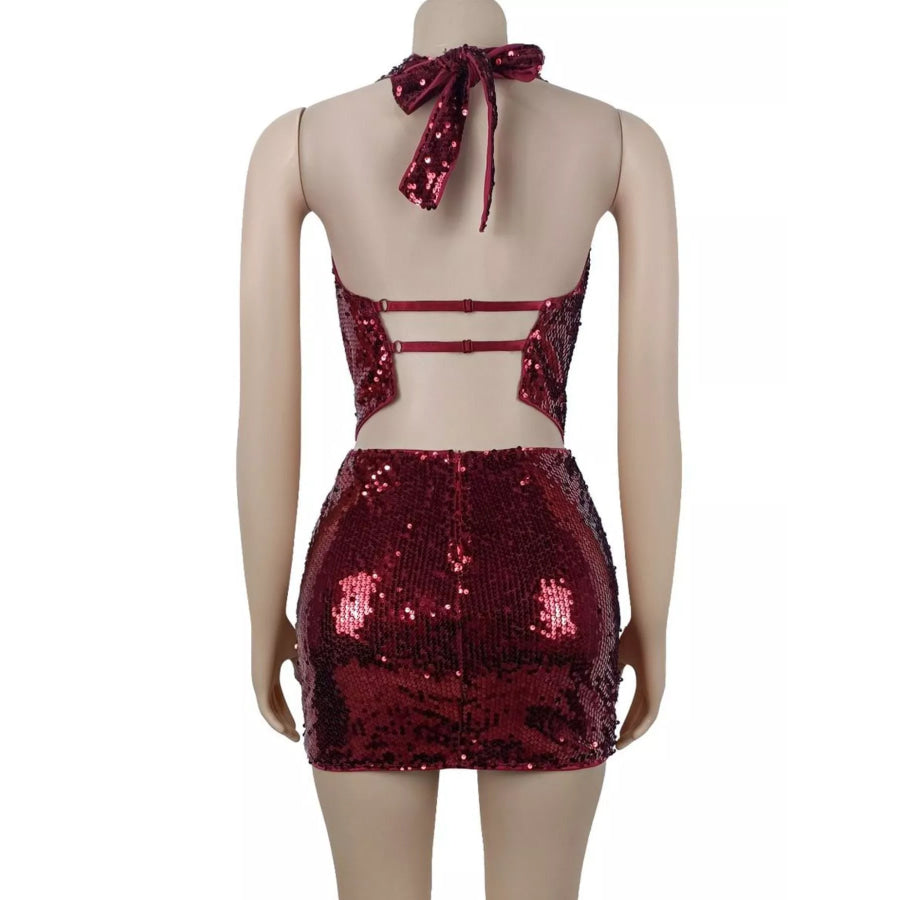 Sequin Halter Neck Crop Top and Mini Skirt Two-Piece Set Apparel and Accessories