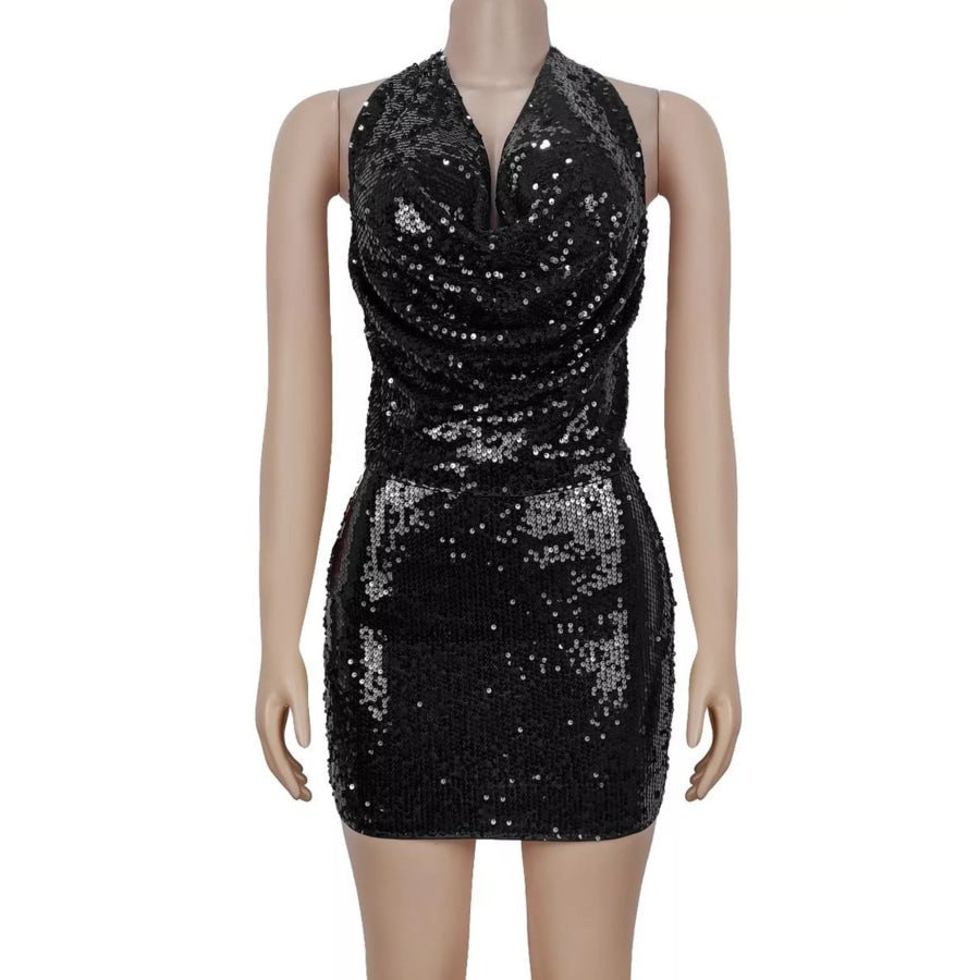 Sequin Halter Neck Crop Top and Mini Skirt Two-Piece Set Apparel and Accessories