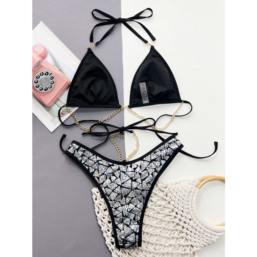 Sequin Halter Neck Two - Piece Bikini Set Apparel and Accessories